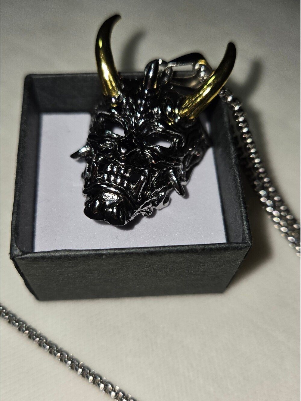 Men's Stainless Steel Oni Demon Skull Pendant Necklace with Gold Horns
